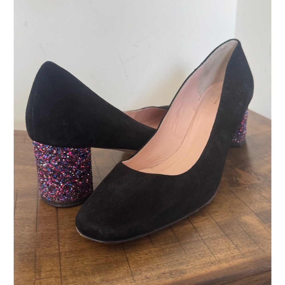 Kate Spade Made in Italy Black Suede Pumps Women's 10M Glitter Block Heels